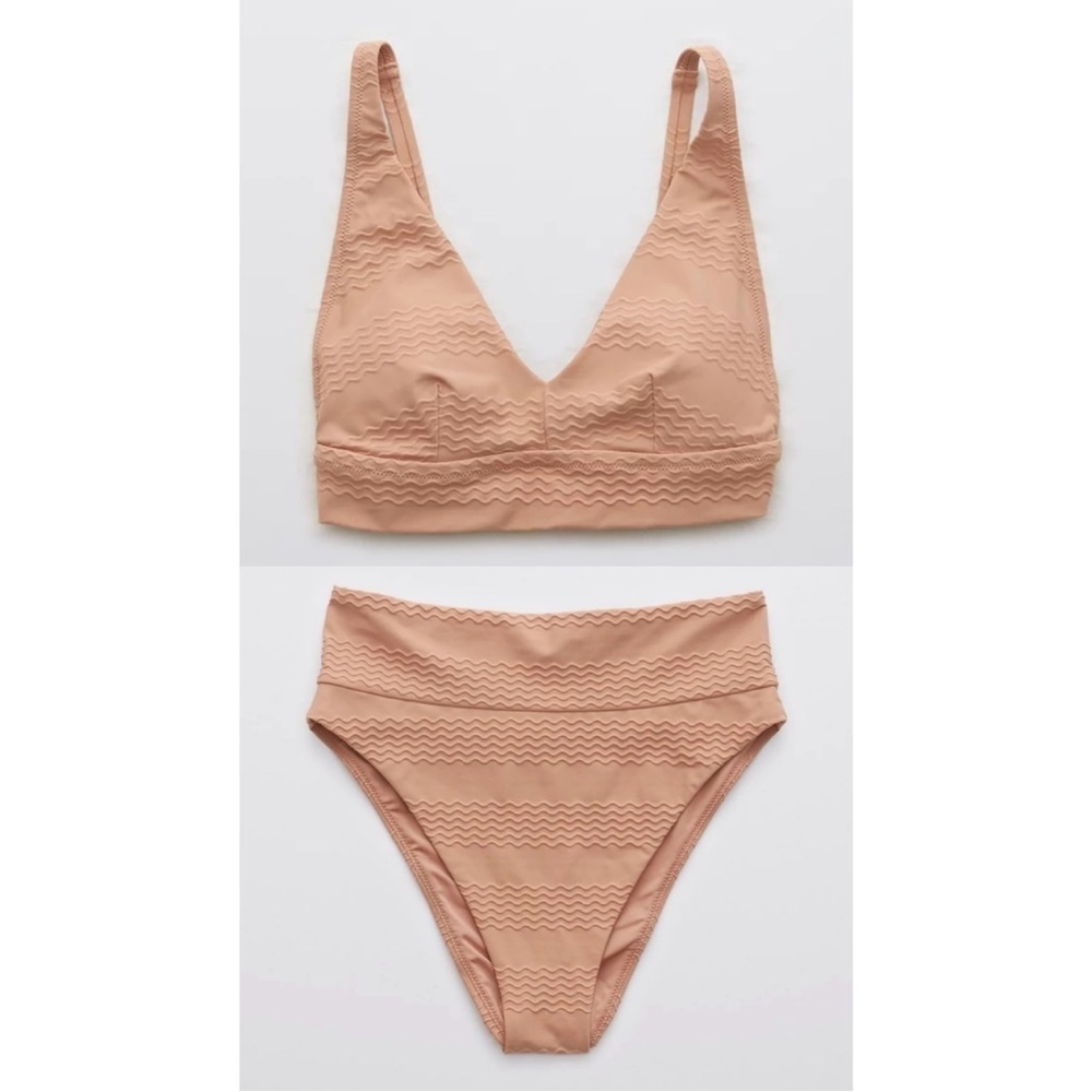 Aerie Jacquard V Scoop Bikini Top & High Cut Cheeky Bottom, Size Small